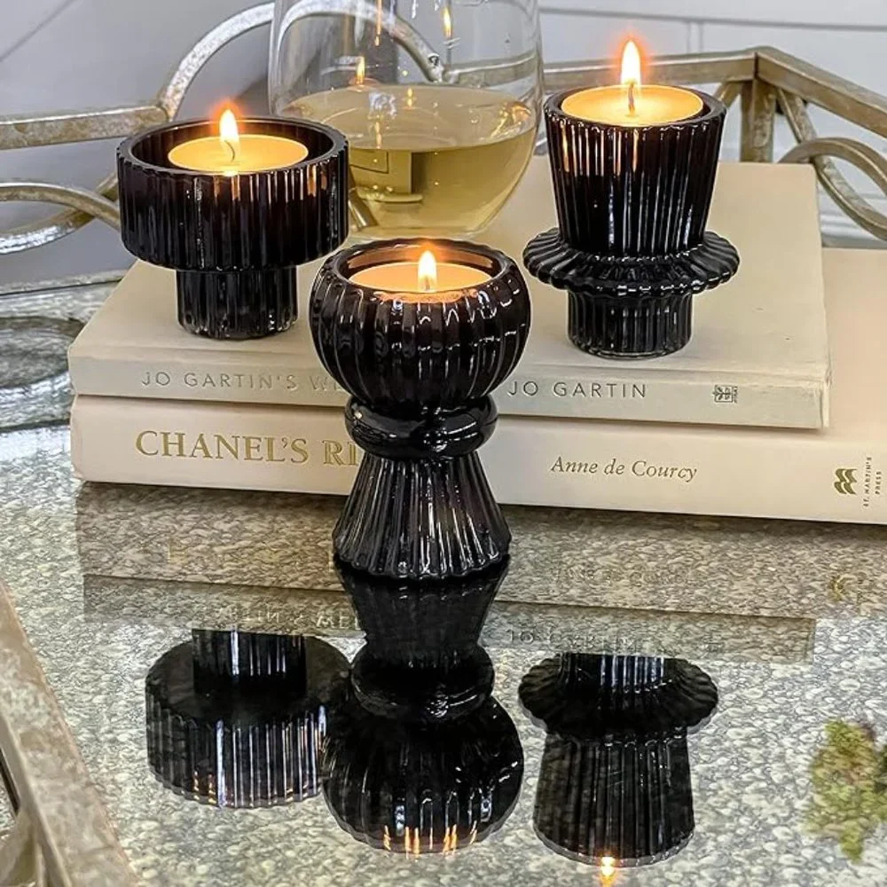Kate Aspen Assorted Vintage Ribbed Black Glass Candlestick Candle Holder Set
